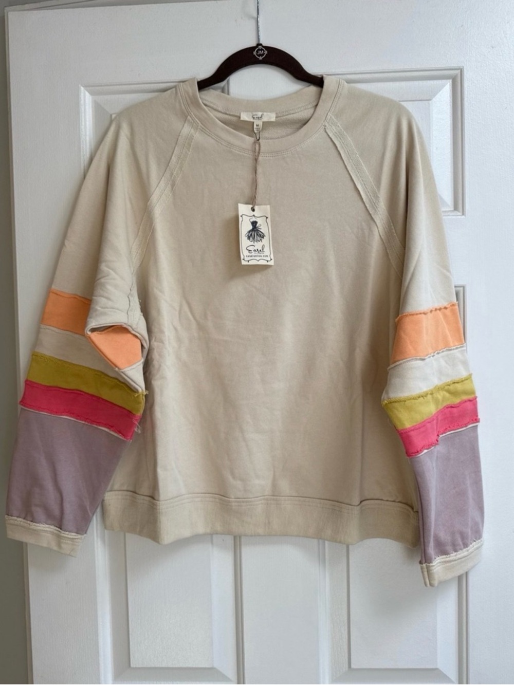 Easel Cream Sweatshirt with Colorblock Sleeve Stripes
